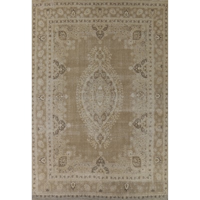 Distressed Tabriz Vintage Persian Rug Hand-Knotted Brown Wool Carpet - 9'6" x 13'3"