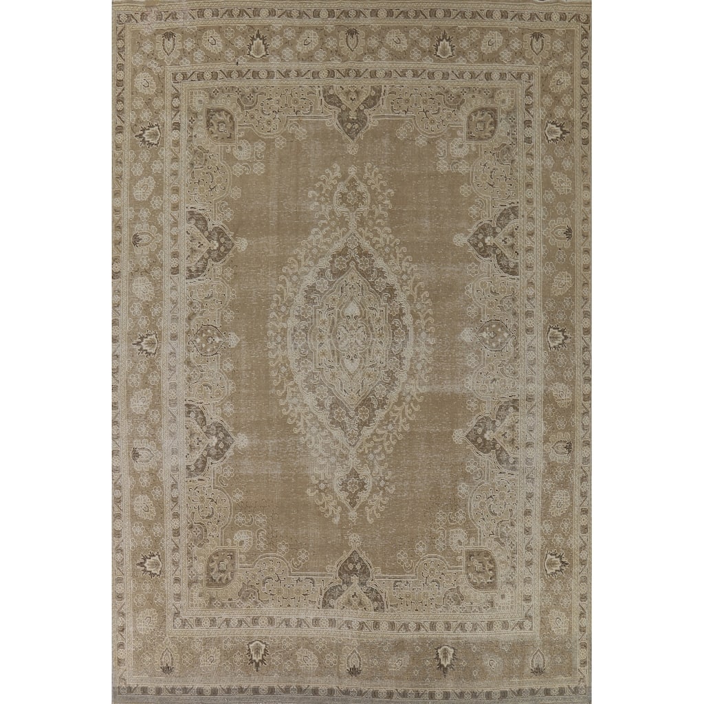 Distressed Tabriz Vintage Persian Rug Hand-Knotted Brown Wool Carpet - 9'6" x 13'3"