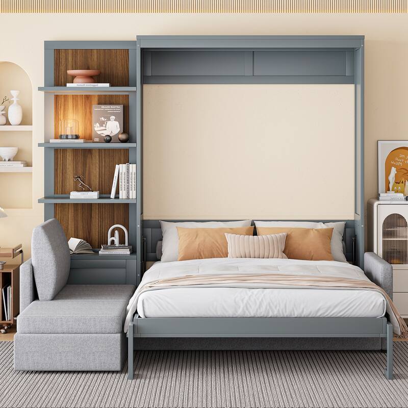 Queen Size Murphy Bed Wall Bed with Sofa and Shelves - Grey - Queen
