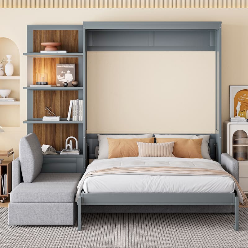 Queen Size Wall Bed with Sofa and Shelves, Gray