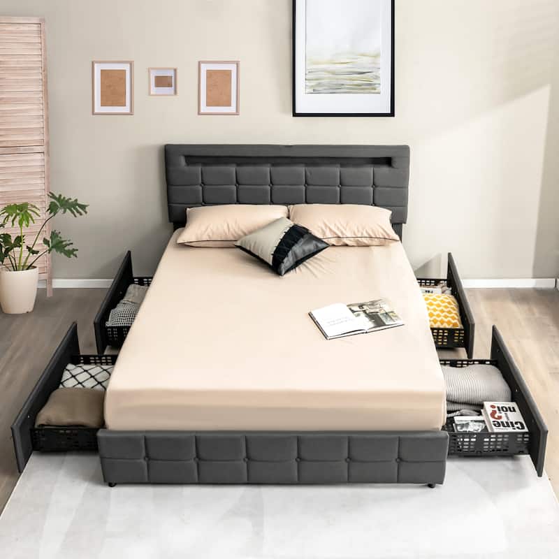 Costway Upholstered Queen LED Lights Bed Headboard Drawers Solid