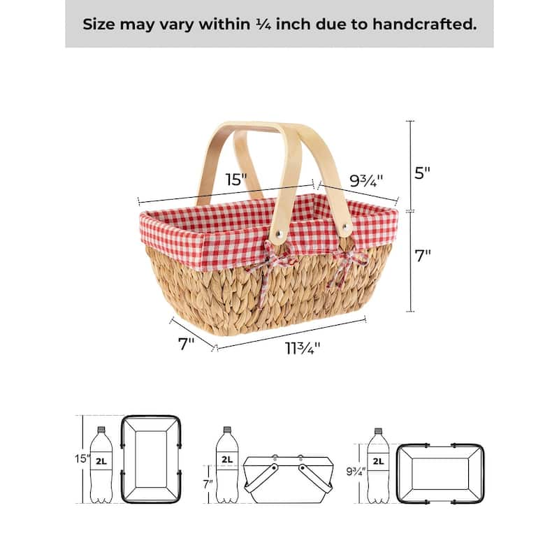 Wicker Basket with Wood Handle, Water Hyacinth Basket for Easter, Gift, Picnic - 15"D x 9.75"W x 7"H