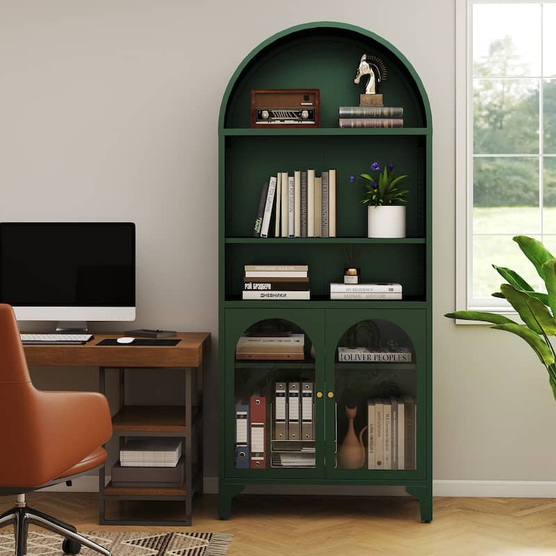 73.6-Inch Arched Metal Storage Display Cabinet with Adjustable Shelves