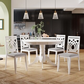 5-Piece Extendable Round Dining Table Set with 4 Upholstered Dining ...