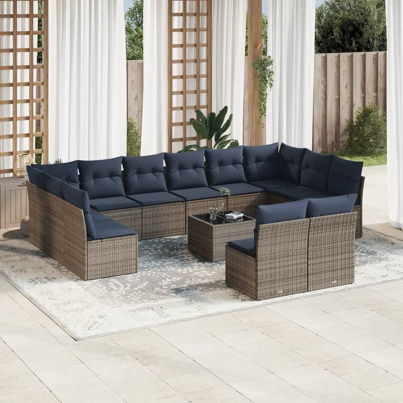 vidaXL 11/12 Piece Patio Sofa Set with Cushions Black/Brown/Gray Poly Rattan - 21.7 x 24.4 x 27.2 - Beige and gray With table