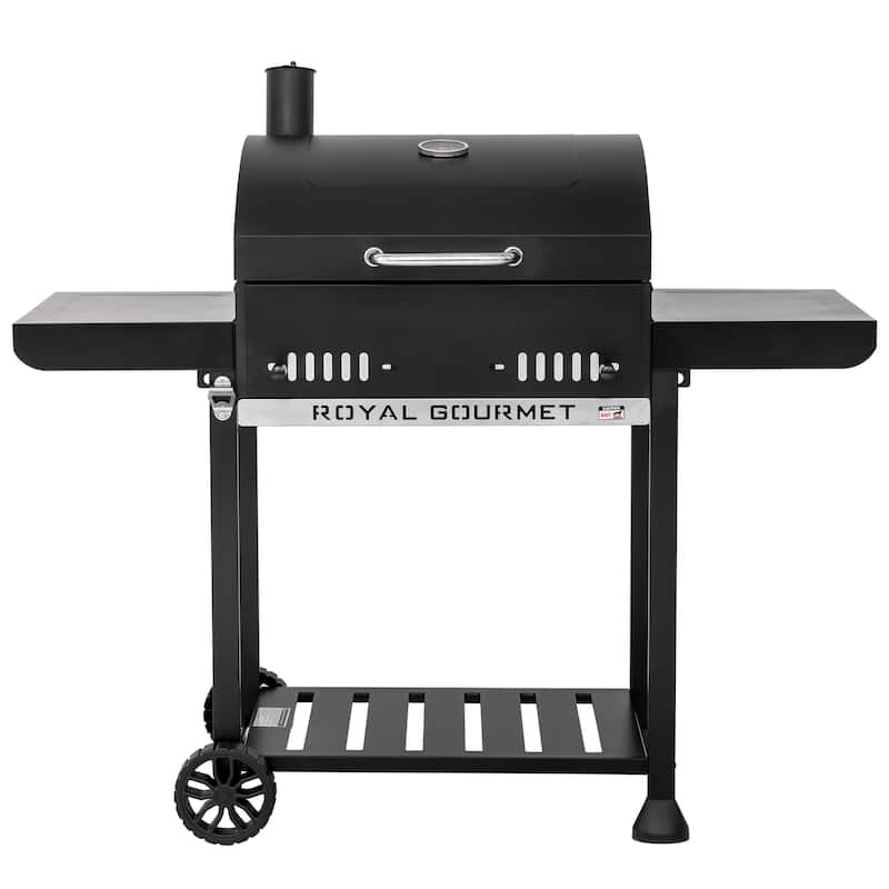 Royal Gourmet 24-Inch Movable Charcoal BBQ Grill with 2 Foldable Side Shelves, 2-Level Height-adjustable Charcoal Pan - Black - Steel - Assembly Required