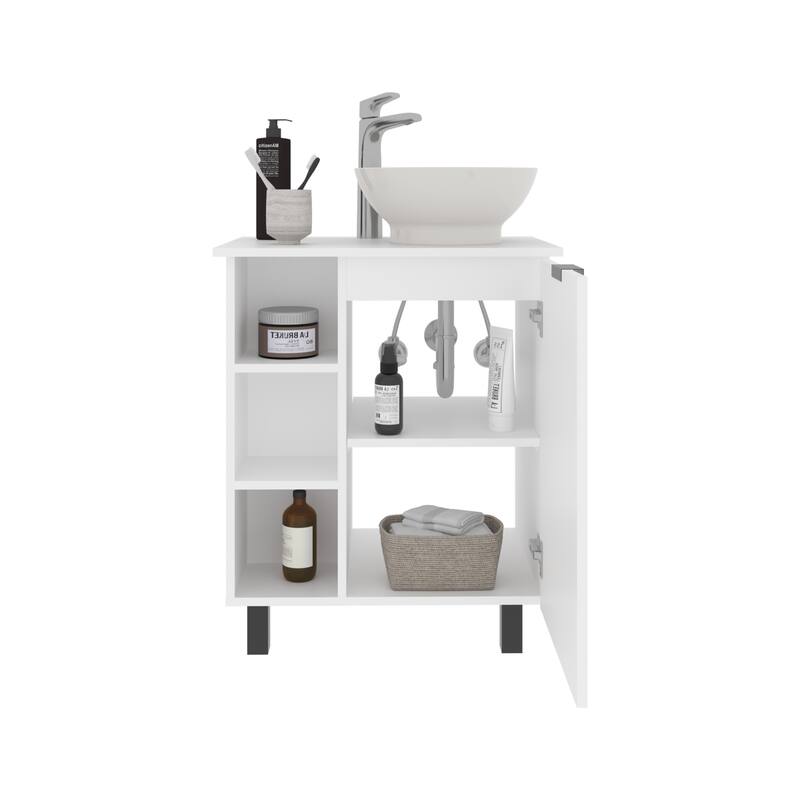 Floating Vessel Sink Bathroom Vanity,Double Doors, And Storage Shelf,White