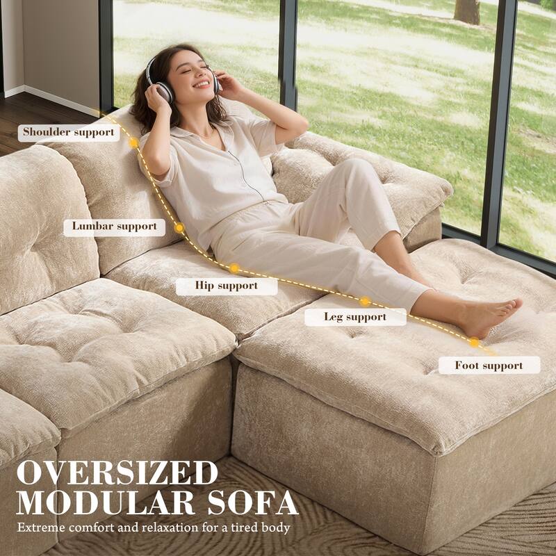 Rossetta L-Shaped Modular Chenille Cushioned Extreme Comfort Sofa with Detachable Backrest and Armrests, 1 Removable Ottoman