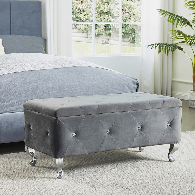 Luxury Storage Ottoman Bench, Velvet Upholstered Ottoman, Grey - Grey