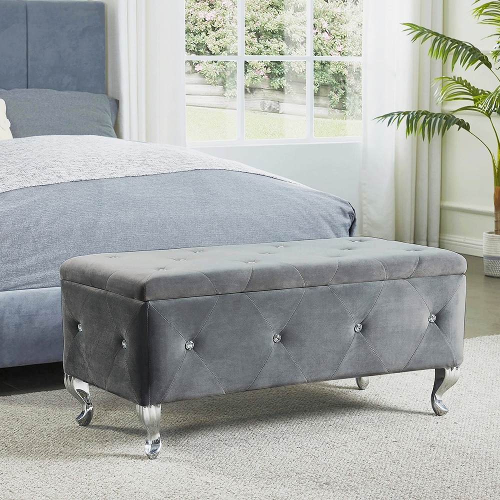 Luxury Storage Ottoman Bench, Velvet Upholstered Ottoman, Grey