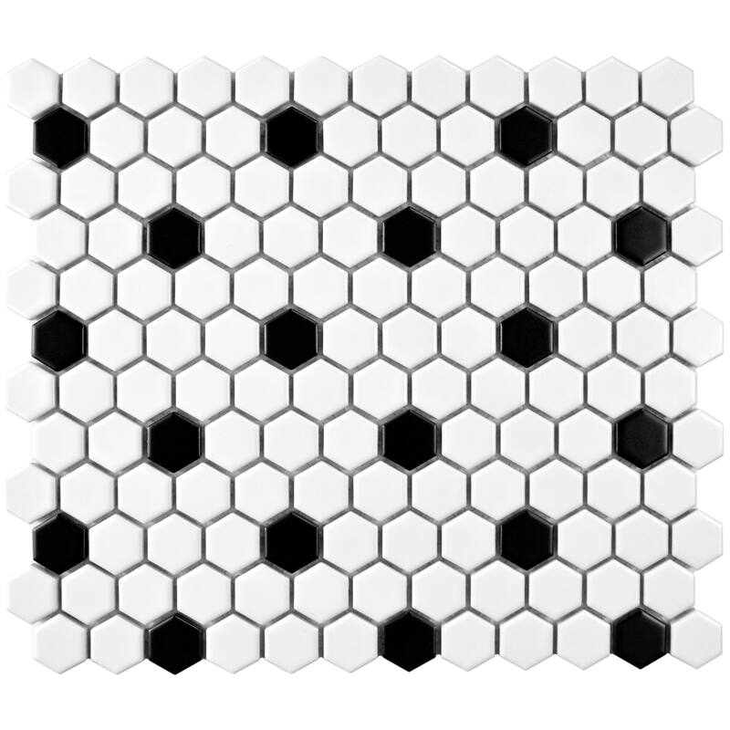 Merola Tile Metro 1" Hex Matte White w/Black Dot 10-1/4" x 11-7/8" Porcelain Floor and Wall Tile