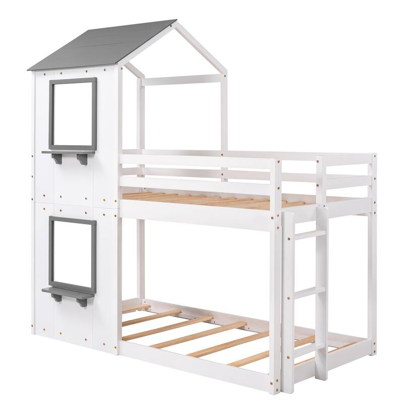 House Bunk Bed for Kids, Twin Over Twin Bunk Bed Frame, Wooden Floor Bunk Bed with Roof, Window, Guardrail, Ladder