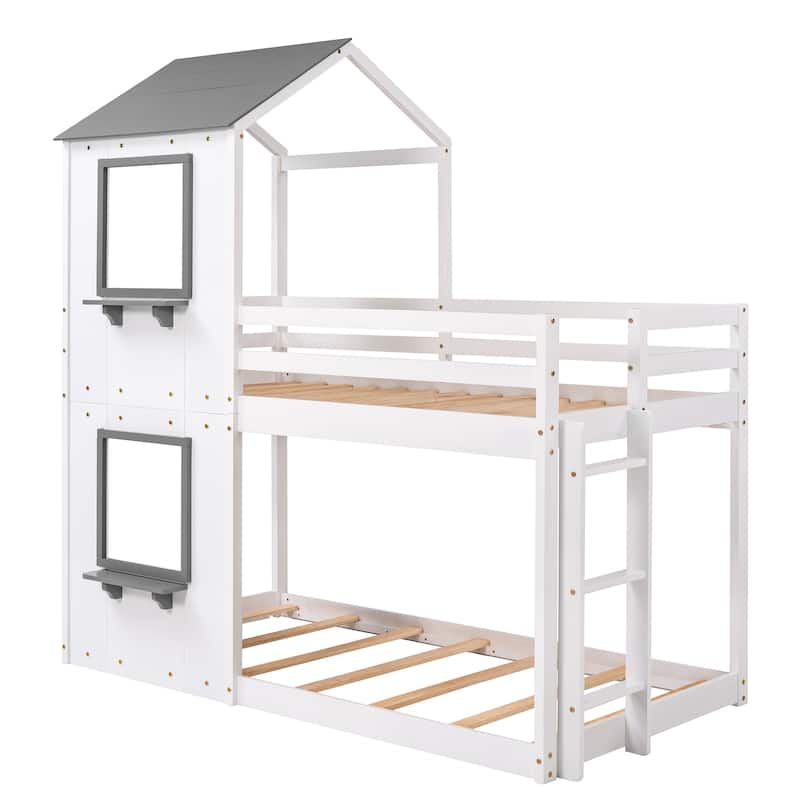 White Twin over Twin Solid Wood Bunk Bed with Roof, Window, Guardrail, and Ladder