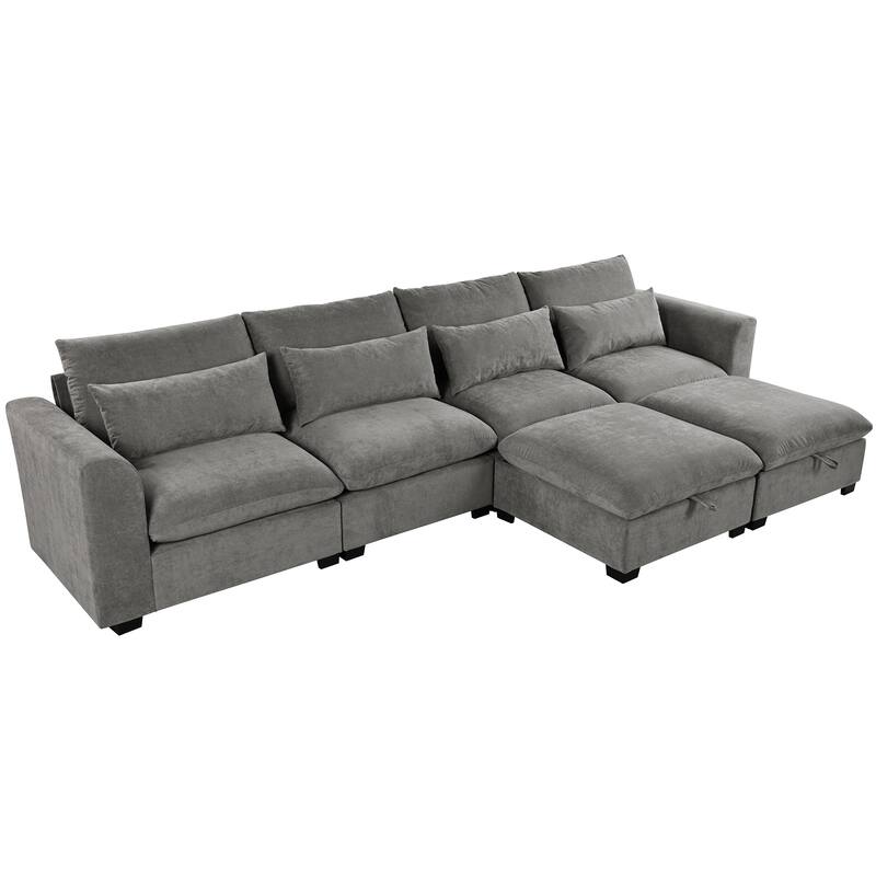 132.3" Linen Blend U-Shaped Sectional Sofa with Ottomans & Storage