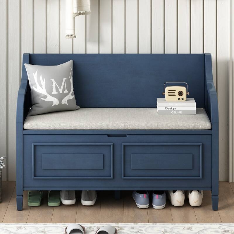 Wood Multi-functional Storage Bench with Safety Hinge, for Entryway
