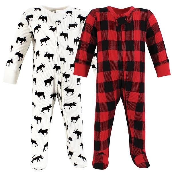slide 1 of 1, Hudson Baby Infant Boy Thermal Zipper Sleep and Play 2pk, Buffalo Plaid Moose 0-3 Months - Buffalo Plaid Moose