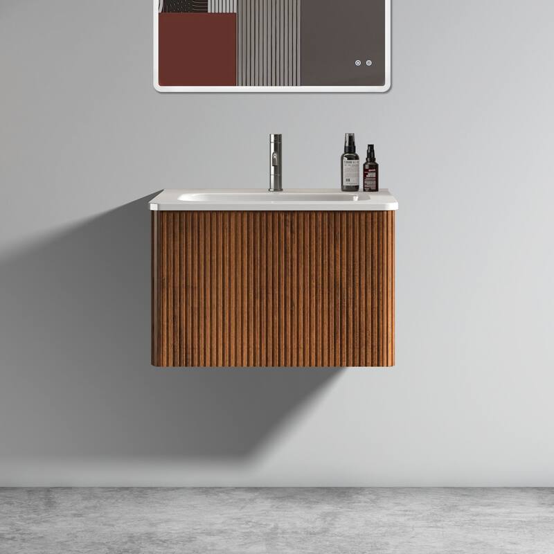 24 Inch Striped Walnut Bathroom Vanity with White Ceramic Sink,Wall Mounted Floating Bathroom Vanity for Modern Bathroom - White+Walnut