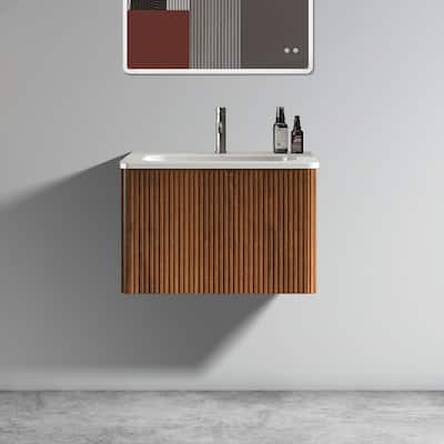 24 Inch Striped Walnut Bathroom Vanity with White Ceramic Sink,Wall Mounted Floating Bathroom Vanity for Modern Bathroom