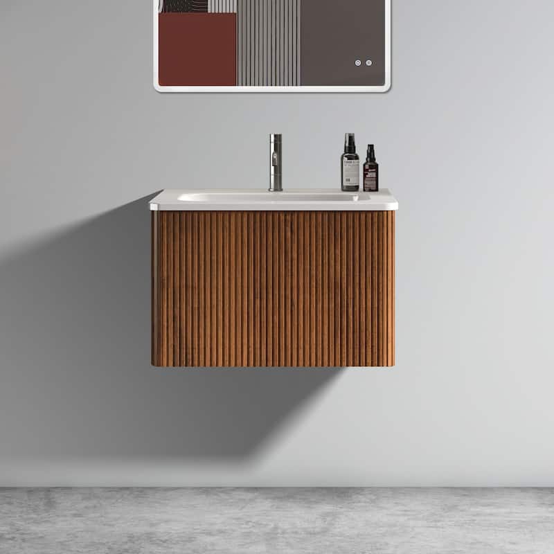 Modern Wall Mounted Striped Bathroom Vanity with Ceramic Sink - 24" W - White+Walnut