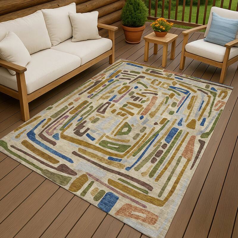 Machine Washable Indoor/ Outdoor Global Geo Chantille Rug - Beige - 3' x 5'