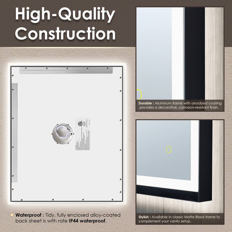 Apollo Rectangular Anti-Fog Dimmable Modern Bathroom/Vanity LED Lighted Wall Mirror in Matte Black Aluminum Framed