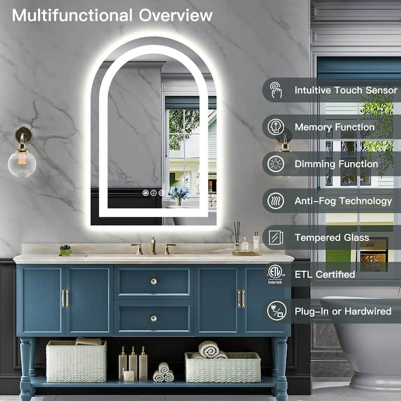 Full Size Arch Front & Back LED Lighted Anti-fog Tempered Glass Wall Bathroom Vanity Mirror, ETL Certified, 3-Year Warranty