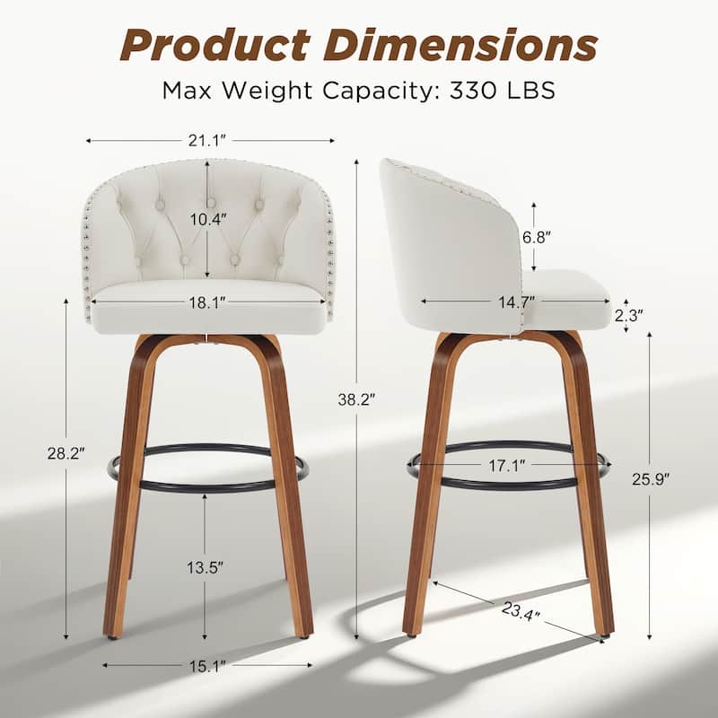 Faux Leather Upholstered Wood Frame Swivel Counter Stools / Bar Stools, Set of 2