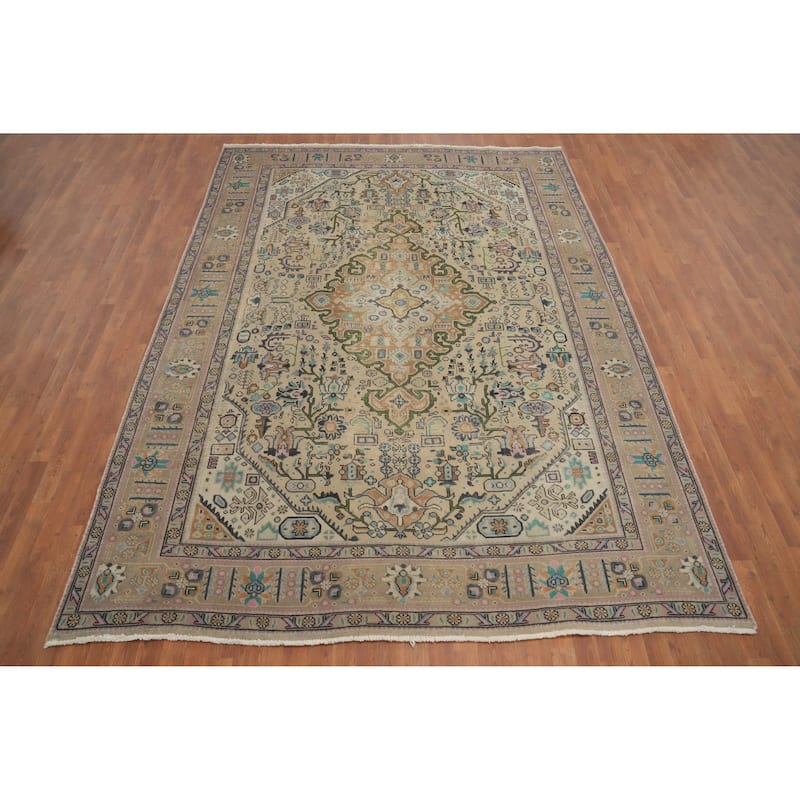 Hand Knotted Oriental 100% Wool Carpet Traditional Floral Beige & Ivories Tabriz Area Rug - 11' 2'' X 8' 1''