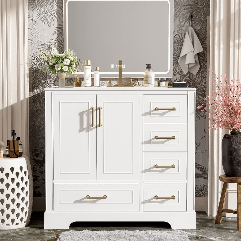 Roomfitters 36" Traditional Bathroom Vanity with Ceramic Sink, 2 Soft Close Doors and 4 Drawers