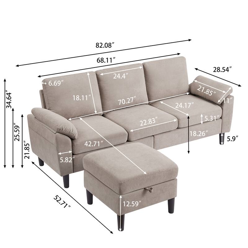 Modern Sectional Sofa Couch L Shaped with Removable Armrest, Convertible Couch with Reversible Ottoman for Living Room