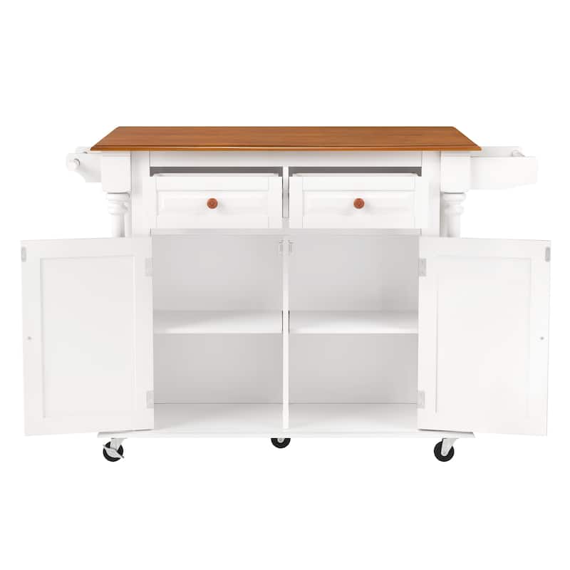 Solid Wood Top Drop Leaf Dining Cart, Rolling Mobile Kitchen Island Kitchen Cart With Storage Cabinet