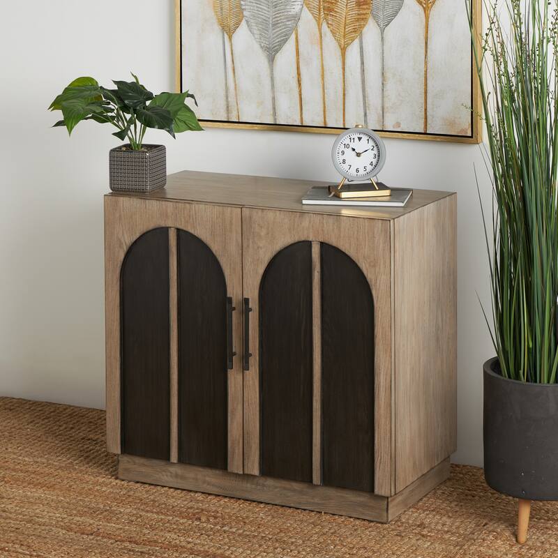 Wooden Washed 2 Door Cabinet with Black Split Arches and Metal Bar Handles - Gray - Roche River Decor - 18"W x 35"L x 33"H