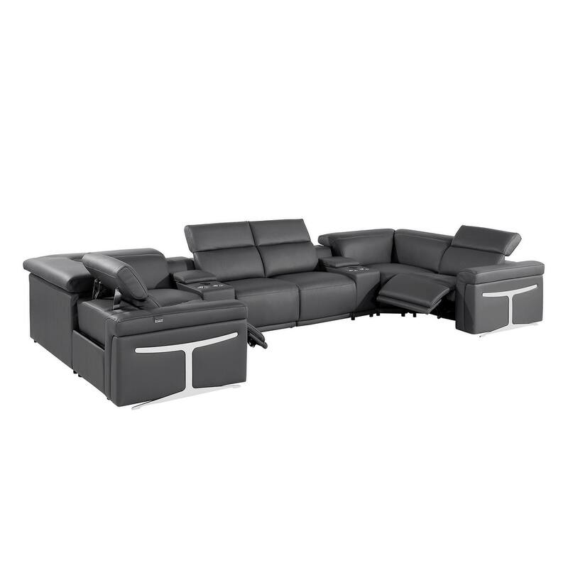 HomeRoots Dark Gray Italian Leather Power Reclining U Shaped Eight Piece Corner Sectional With Console