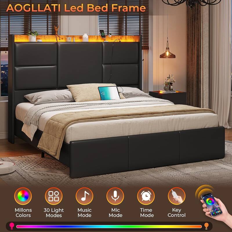 Bed Frame with Tall Stroage Headboard Platform Bed Frame