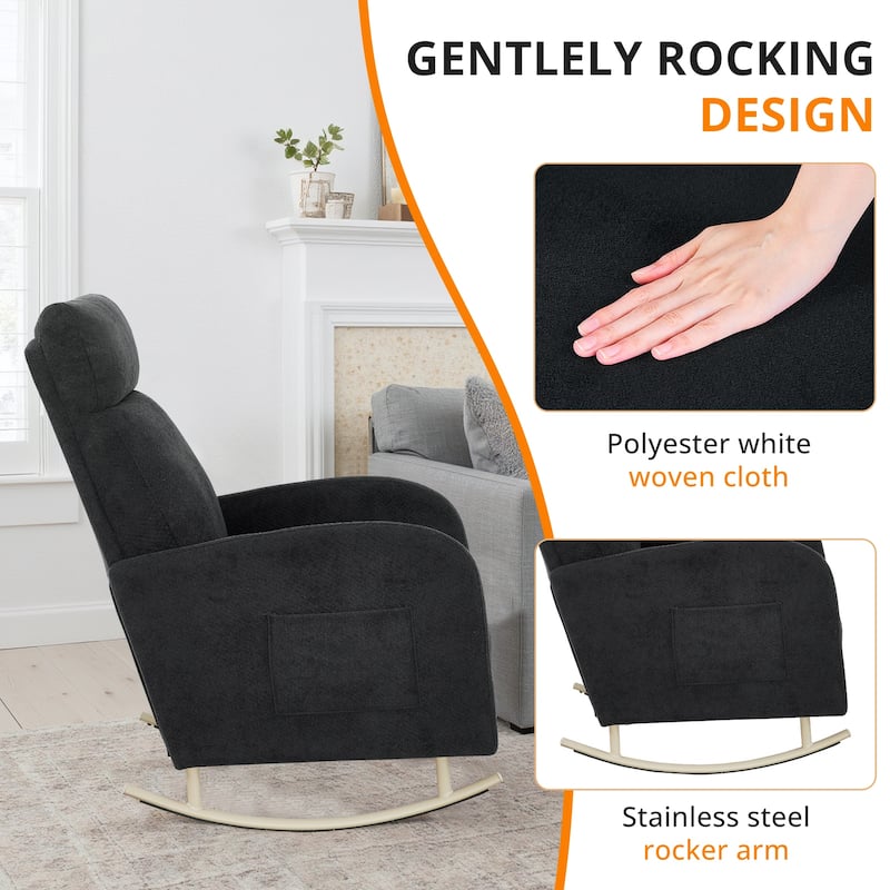 Chenille Nursery Armchair Rocking Chair Set of 1 with Metal Legs with Side Pocket for Living Room