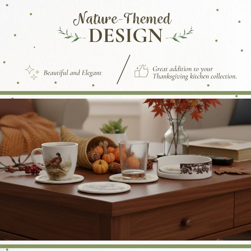 Spode Woodland Set of 4 Ceramic Coasters with Holder - Multicolor - 3.75 Inches