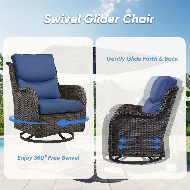 3 Pieces Outdoor Gliders Swivel Chairs with Table with 5-Inch Thick Cushions