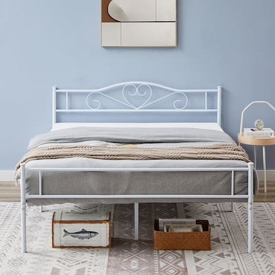 VECELO Victoria Metal Platform Bed Frames with Heart Pattern Headboard 12.6" Underbed Space No Box Spring Required