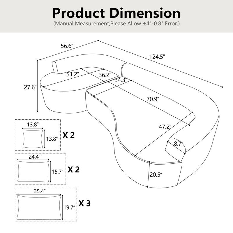 124.5-Inch Modern Compressed Boneless Sofa,Comes with 3 Back Pillows and 4 Throw Pillows