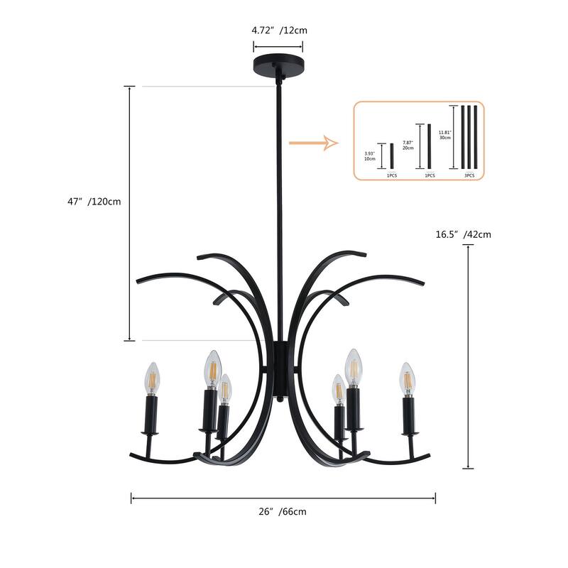 Farmhouse Black 6-Light Curved Line Candle Style Chandelier