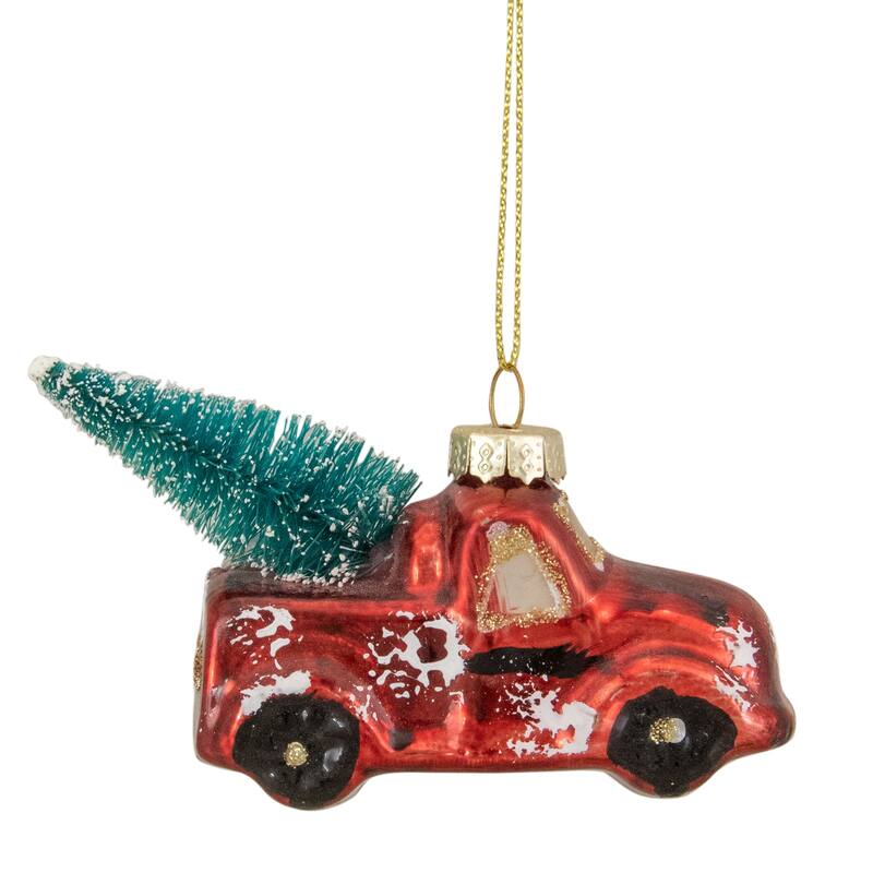 Metallic Truck with a Sisal Tree Glass Christmas Ornament - 3.75" - Red and White - 2.25"