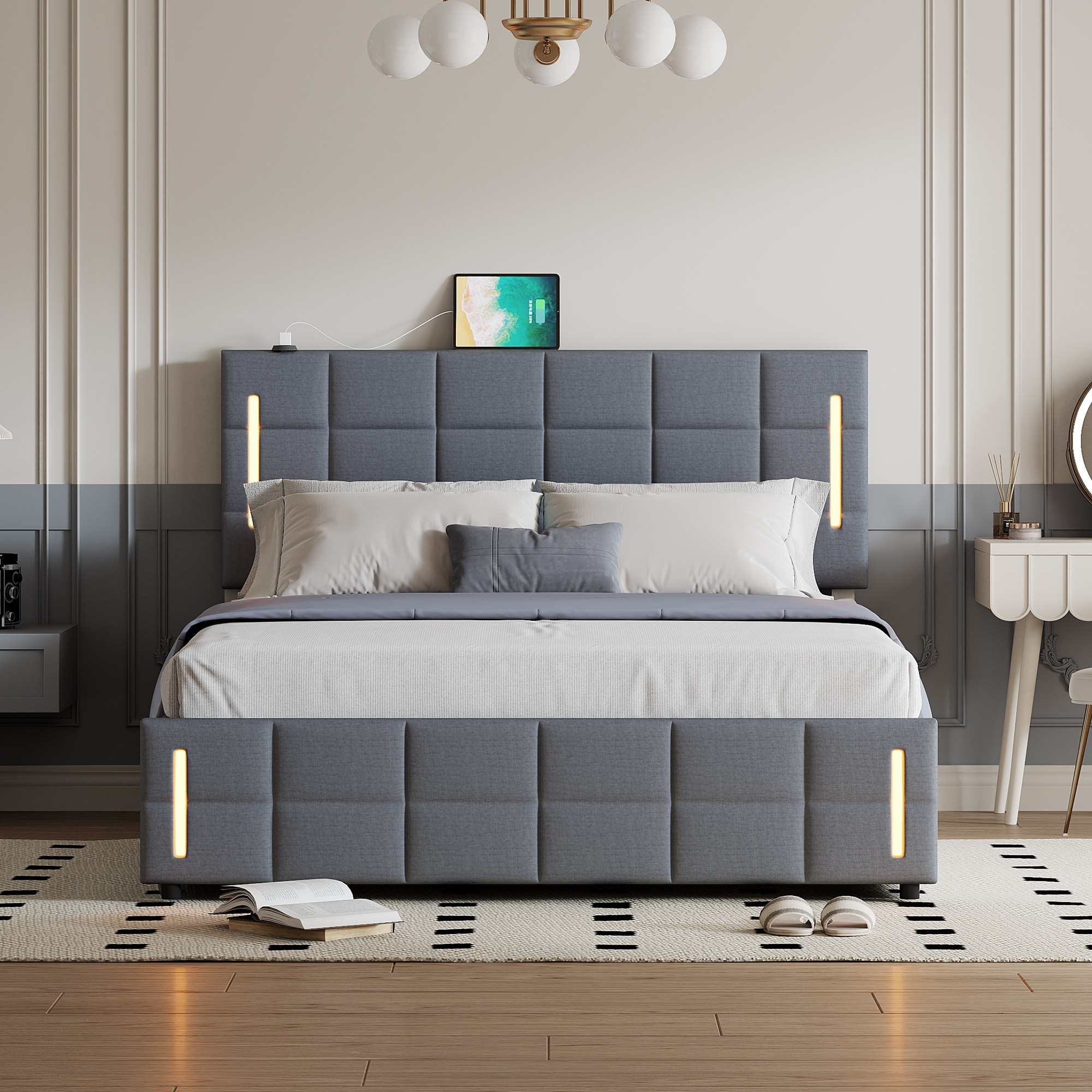 Plaid deals upholstered bed