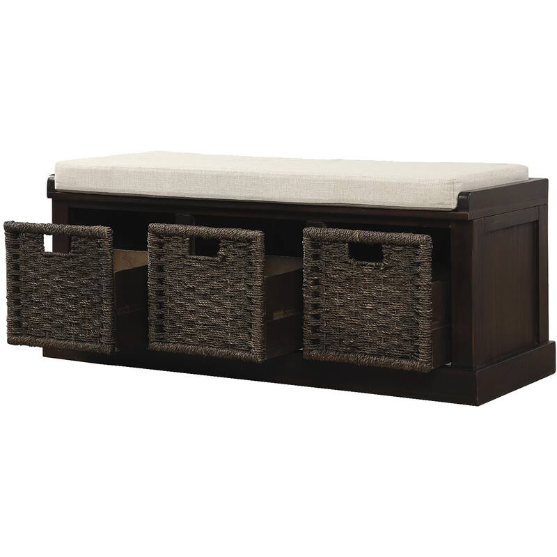 Storage Bench with 3 Removable Classic Rattan Basket , Entryway Bench with Removable Cushion