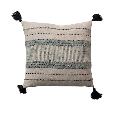 Cotton and Linen Blend Pillow with Hand-Embroidered Stripes