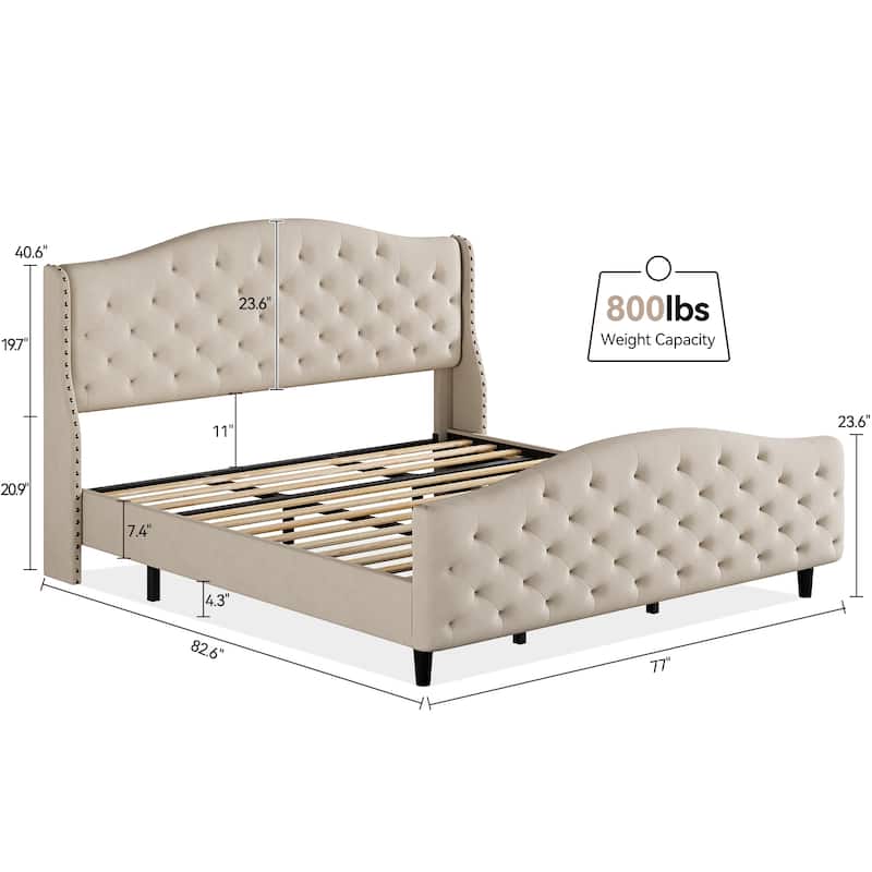 Elam Tufted Upholstered Platform Bed Frame with Off-white Headboard and Footboard