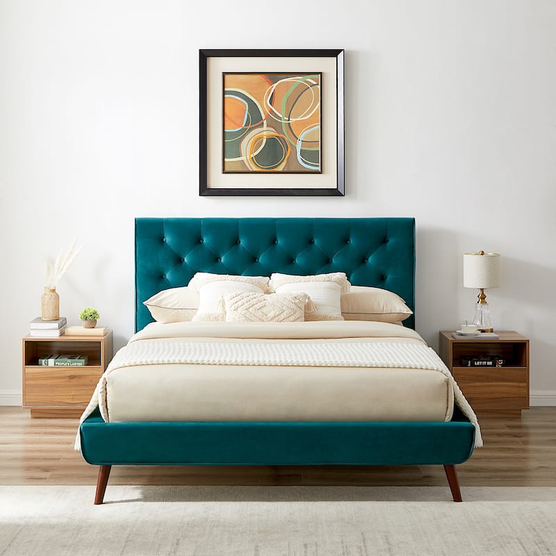 Queen Size Velvet Platform Bed with Button-Tufted Headboard, Mid-Century Modern Design & Tapered Legs - Green