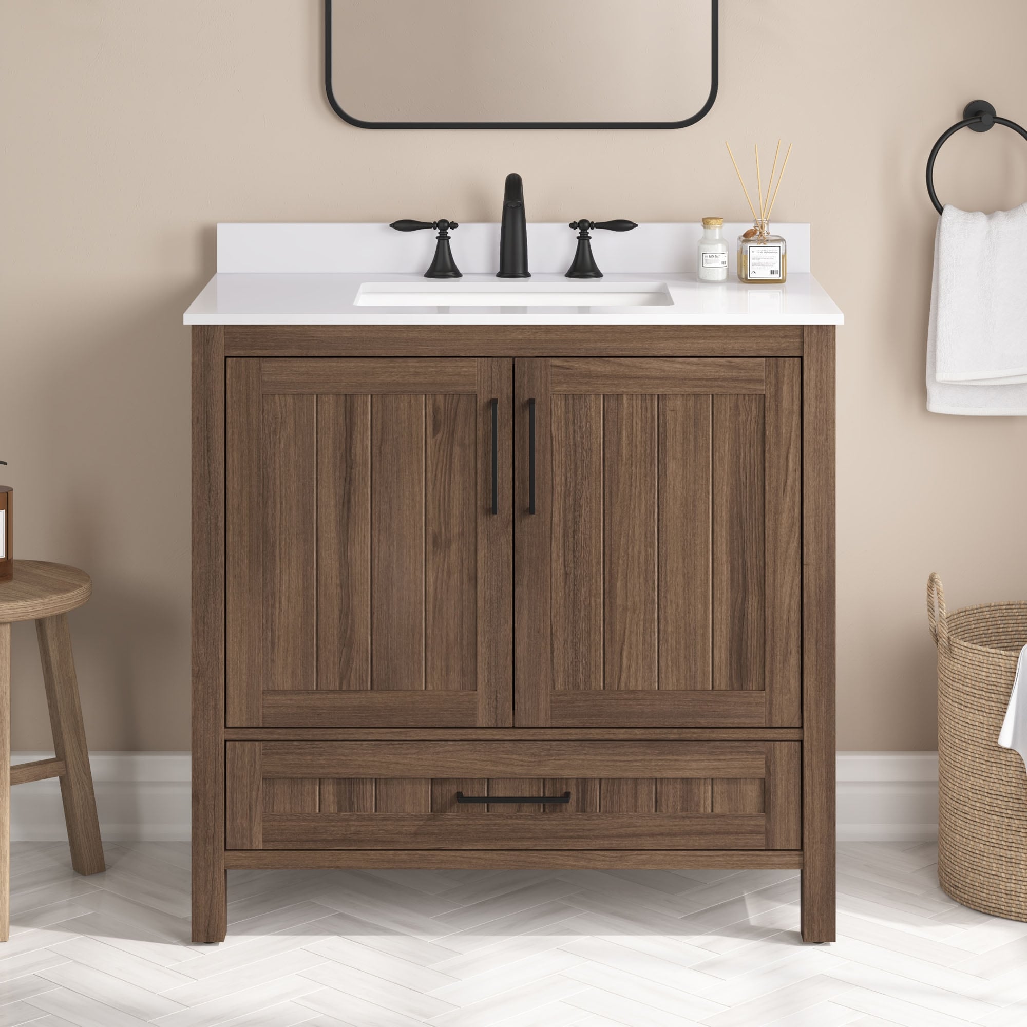 OVE Kansas Single Sink Bathroom Vanity, Dove White Engineered Stone Top