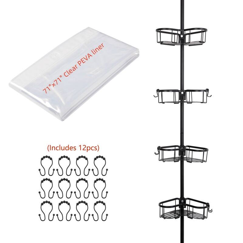 Utopia Alley Rustproof Aluminum Corner Shower Organizer with 4 Shelves - Includes Shower Liner and Shower Hooks - Black - 11.6*7.6*108"