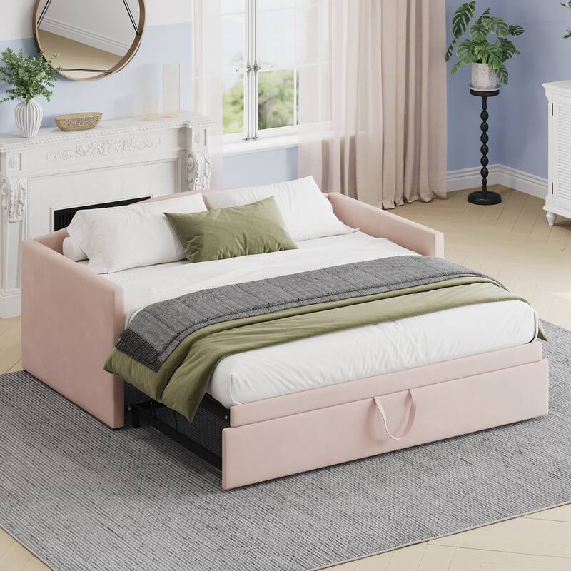 Twin Size Daybed with Extended Pop Up Trundle, Upholstered Sofa Bed Daybed