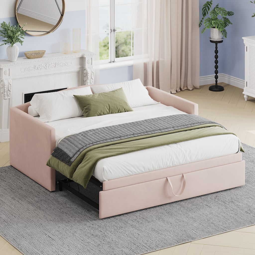 Twin Size Daybed with Extended Pop Up Trundle, Upholstered Sofa Bed Daybed